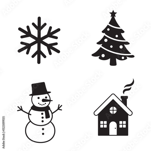 Vector silhouettes of winter and christmas elements snowflake tree house and snowman