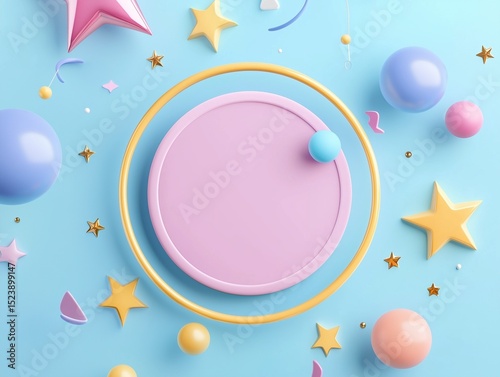 Whimsical 3D Rendered Geometric Shapes Stars and Spheres Floating Around a Central Pedestal with Golden Ring Frame