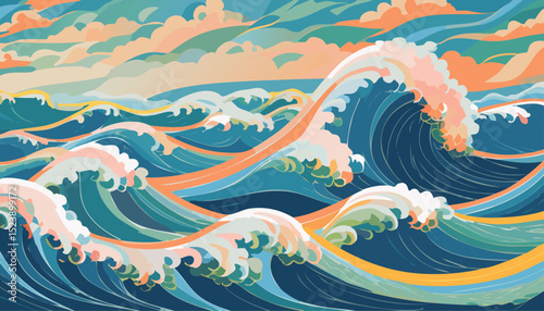 Top-Down View of River Flowing into the Sea – Aerial Water Scene in Vector Style