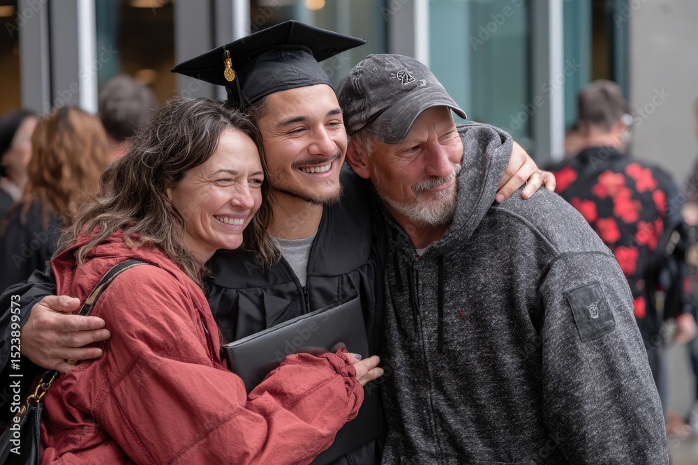 Obraz premium Joyful Graduation Celebration with Family Hugging Proud Graduate in Cap and Gown at Outdoor University Commencement Ceremony