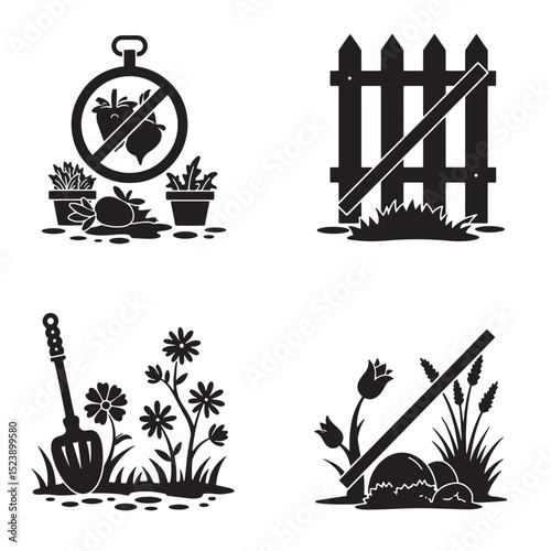 Gardening silhouette icons illustrating prohibited actions growing vegetables and other flora