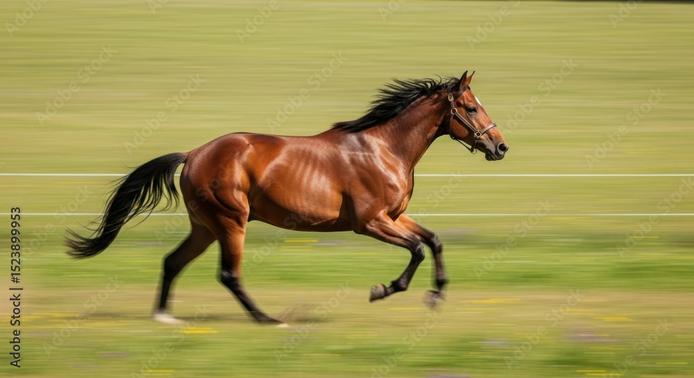 Obraz premium A brown horse galloping across a grassy field.