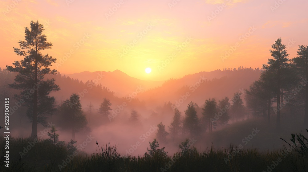 Naklejka premium Misty Sunrise Over a Forest Valley