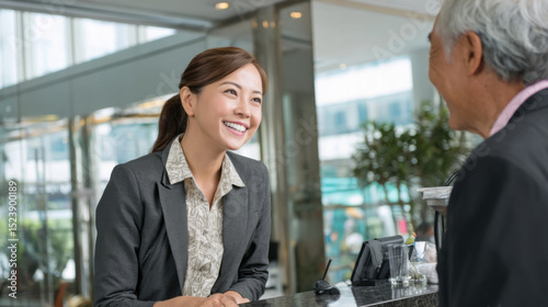 A smiling Asian receptionist with neatly tied back hair warmly welcomes an elderly guest at the polished marble reception desk, creating a positive hotel atmosphere.