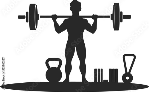 Silhouette of weightlifter lifting barbell with gym equipment black vector illustration for fitness bodybuilding and strength training designs
