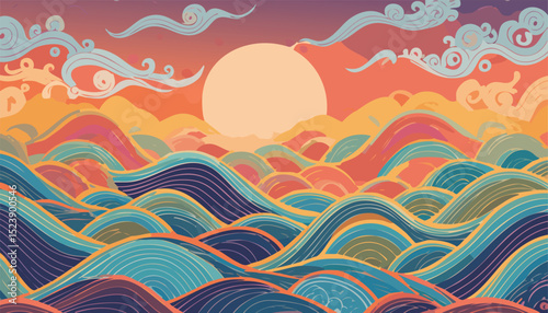 Top-Down View of River Flowing into the Sea – Aerial Water Scene in Vector Style