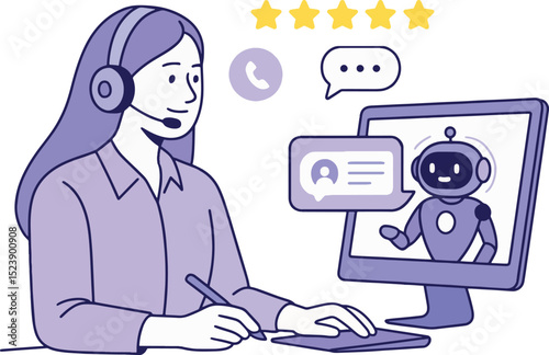 Customer Support Vector Illustration. Woman with headset talking to chatbot.