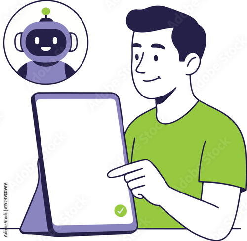 Chatbot Interaction Vector: Man Interacting with AI on Tablet.