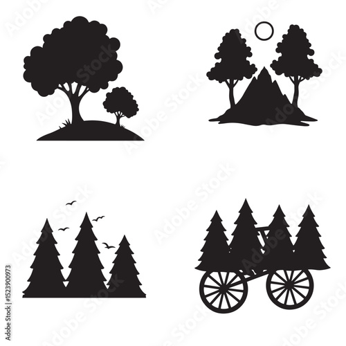 Black silhouette nature elements set trees mountains and a wagon for design