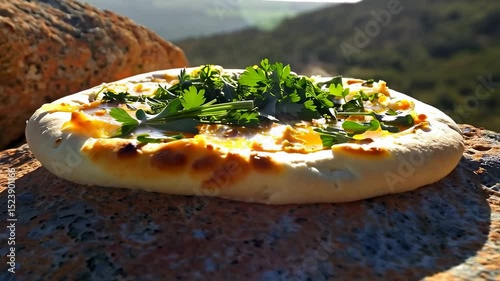 A pizza with cheese and herbs on a rock in mountainous terrain.