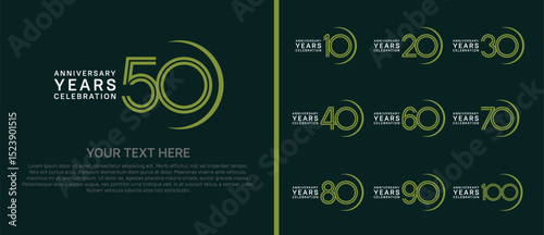 logo anniversary set. white and green color with swoosh on green background for special event