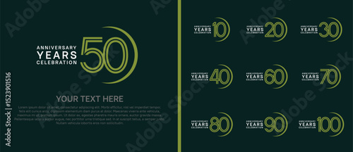logo anniversary set. white and green color with swoosh on green background for special event
