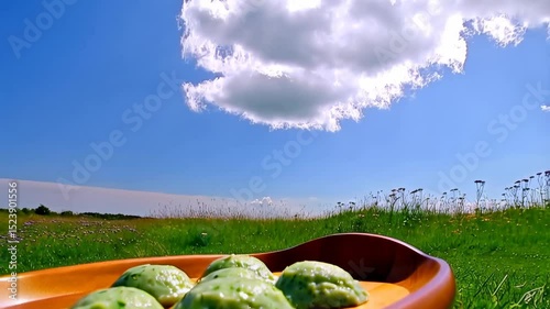 A wooden boat filled with ice cream on grass, wooden bowl with green dumplings, green food balls, green ice cream on lawn, green apples on table.
