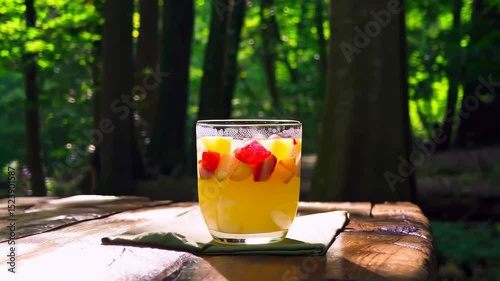 A glass of fruit juice on a wooden table in the woods.