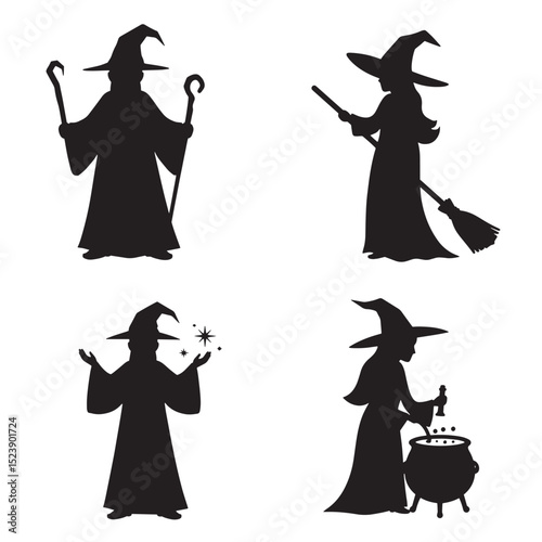 Four black silhouette illustrations of witches in various poses for halloween decorations