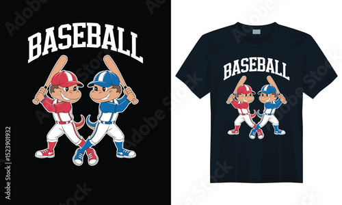 Baseball players in red and blue uniforms ready to play ball with fun t-shirt design
