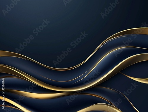 Luxurious Golden Waves on Dark Navy Blue Abstract Background Elegant Flowing Ribbons with Glimmering Metallic Accents