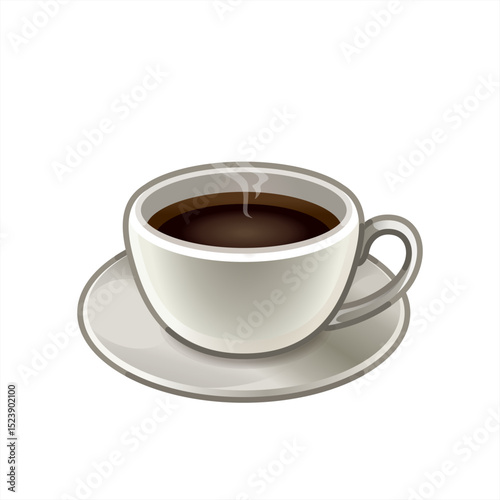 Coffee cup with flying beans emoji. Cute white mug with black hot espresso or americano three dimensional realistic vector 10 eps.