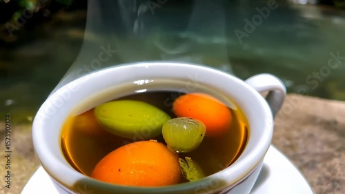 Cup of tea with lemon, fruit, and green olive on a rock next to a river.