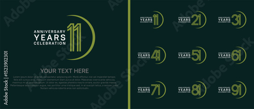 logo anniversary set. white and green color with swoosh on green background for special event