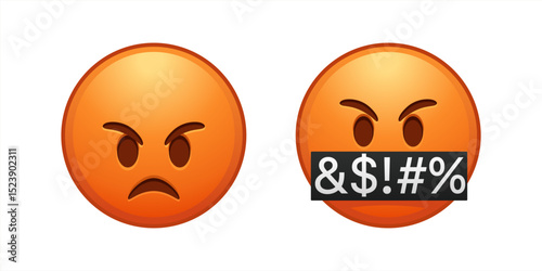 3d red angry emoji face, emoticon face with symbols over mouth, serious face with symbols covering mouth, red mad, Grumpy, angry emotion, swearing, vector 10 eps.