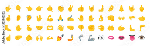 All type of hand emojis, gestures, stickers, emoticons flat illustration symbols set, collection. Hands, handshakes, muscle, finger, fist, direction, like, unlike, fingers collection, vector emojis.