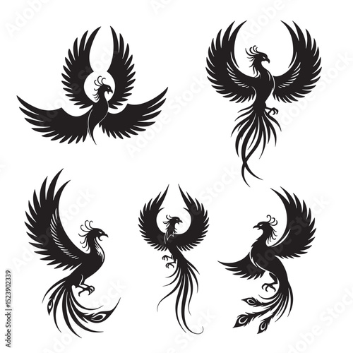 A collection of elegant black phoenix silhouette designs in various poses for graphic use