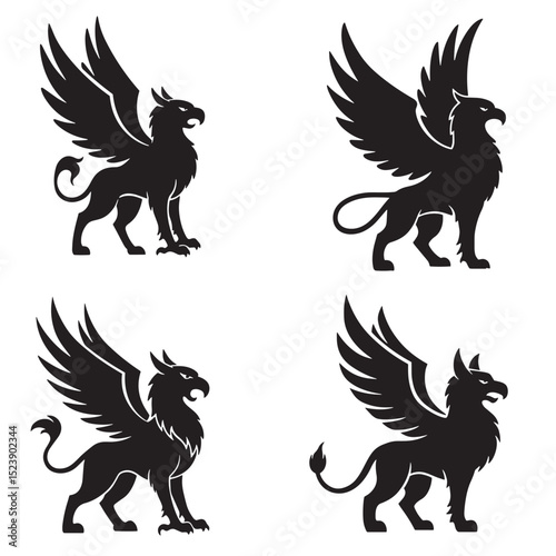 Collection of silhouetted gryphon illustrations showcasing mythical creature designs for various creative applications
