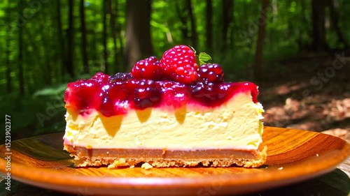 A piece of cheesecake with berries on top on a plate in the woods.