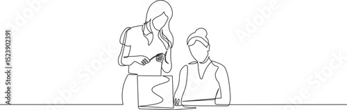 Two women working on laptop in continuous line art style. Sketch of two woman working in minimalist black line isolated on white background. Vector illustration