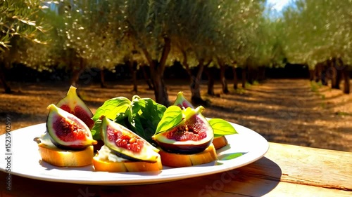 Plate of fresh fruit on wooden table with trees in background.