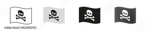 Pirate flag icon set. Raider ship pennant with crossed bones and skull illustration.  Black marine robber banner. Vector 10 eps.