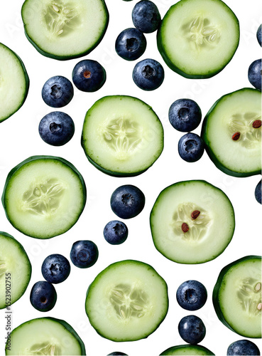 Cucumber and blueberry slices,  patterned on black