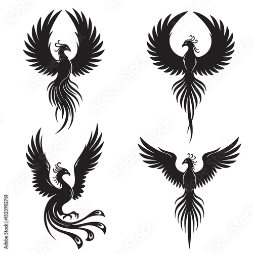 Black silhouette phoenix bird collection in various poses ideal for logos and tattoo designs
