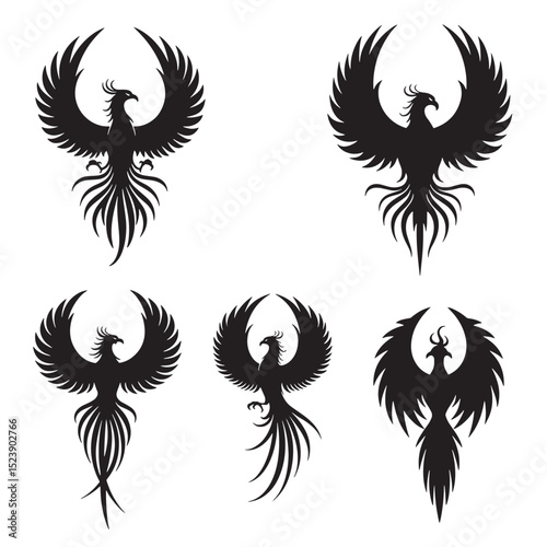 Elegant phoenix bird silhouettes in flight displaying symbolic resurrection and rebirth