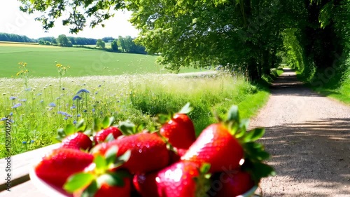Strawberries in a bowl on a wooden table, strawberries in a basket on a wooden table, a bowl of strawberries on a wooden bench, a basket of strawberries on a bench in a field.