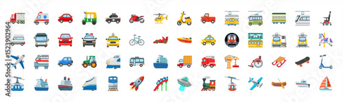 All Transport Vector Icons Set. Transportation, Logistics, Delivery, Shipping, Railway, Airways, Ambulance, Emergency car symbols, emojis, emoticons, vector 10 eps.