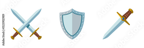 Isolated sword emoji icon set. Swords, shield, crossed swords, vector illustration icon.