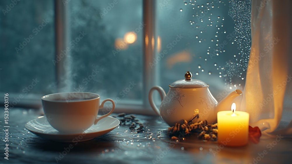 Fototapeta premium Cozy Rainy Day Tea: Warmth and Serenity