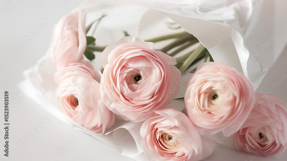 Fototapeta premium Pale Pink Ranunculus Wrapped in Paper on White