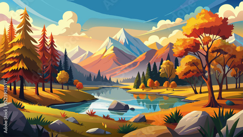 Vibrant autumn landscape featuring golden trees and a serene lake reflecting majestic mountains under a bright sun.