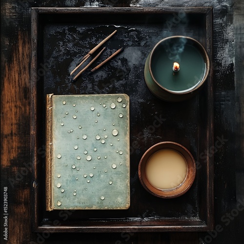 Serene Still Life: Teal Candle, Antique Book, and Incense on Dark Wood Tray