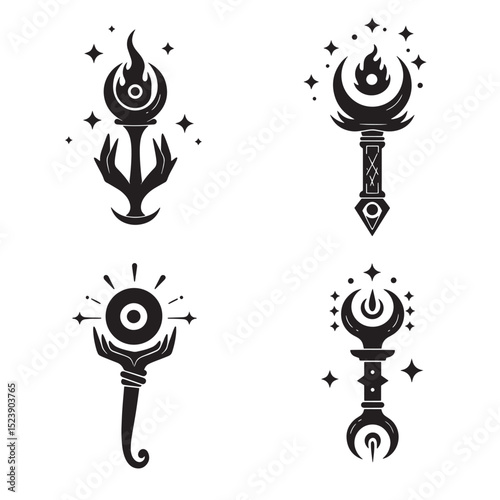 Elegant silhouette collection of mystic magical scepters and celestial symbols in a vector illustration