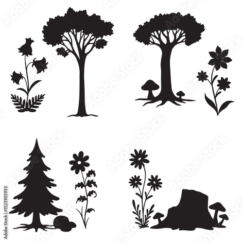 Black silhouette elements of trees flowers and nature for design projects