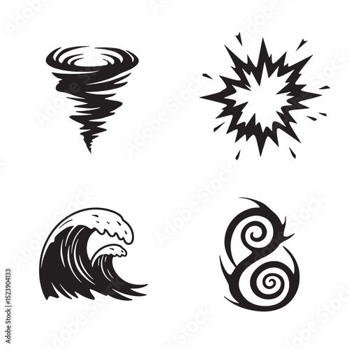 Collection of vector silhouettes of nature elements storm explosion and abstract decorative swirls