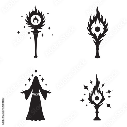Fantasy magic elements silhouette illustration featuring mystic staffs and a sorceress