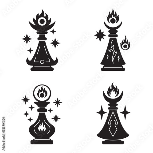 Set of four black silhouette magical potion bottles with flames and star embellishments