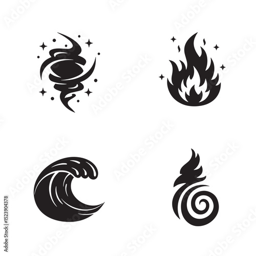 Abstract silhouette symbols of nature elements fire storm wave air and earth for design purposes