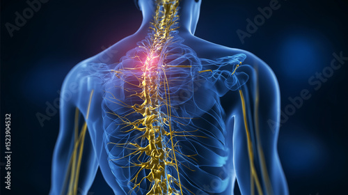 Human Anatomy Showing Spine with Pain Indication on Back photo