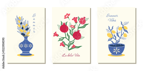 A modern abstract poster with pomegranate flowers and fruits, with a lemon tree and a bouquet of olives. Summer holidays in Italy. Vector design for postcards, banners, menus, covers and more.